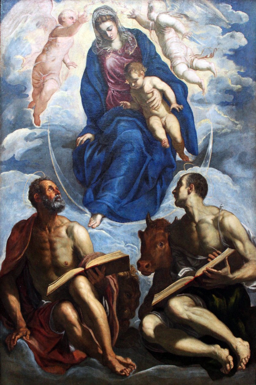 Maria com a criança, adorada pelos evangelistas Marcos e Lucas de Jacopo Robusti Tintoretto