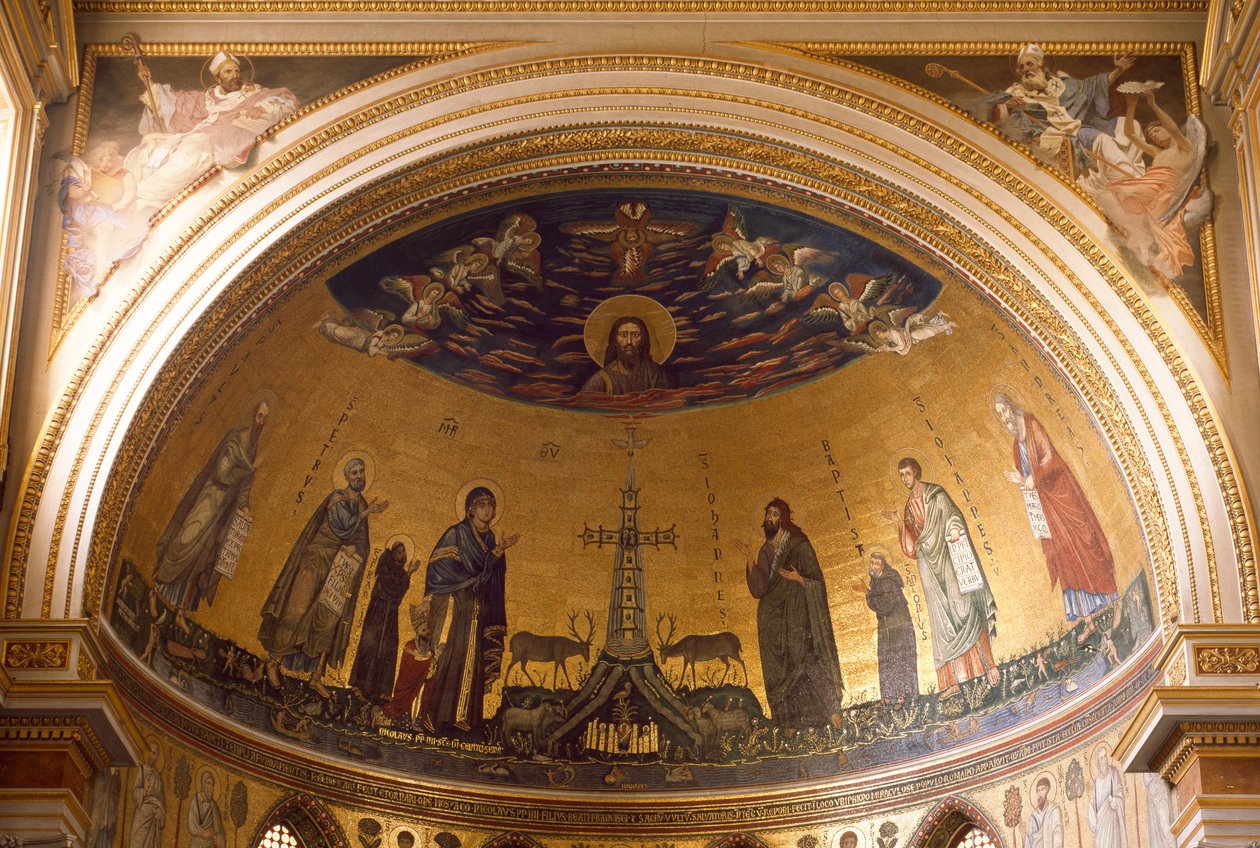 Vista interior da abside da Basílica de São João (San Giovanni in Laterano). Mosaico de Jacopo Torriti (ativo por volta do século 1291-14) e Jacopo da Camerino (ativo por volta de 1288-1331) representando Jerusalém Celeste. Roma de Jacopo Torriti