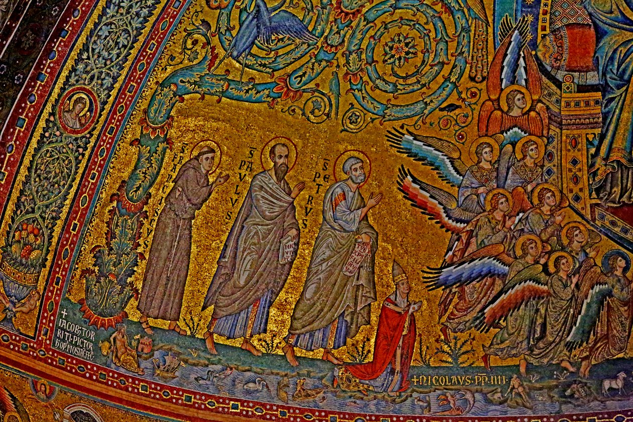 São Francisco, São Paulo, São Pedro, Papa Nicolau IV e anjos presentes na Coroação da Virgem, abside, c.1290 mosaico de Jacopo Torriti