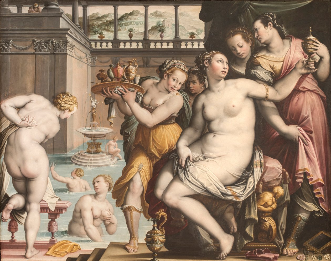 Bate-Seba em seu banho, 1573-1574. de Jacopo Zucchi