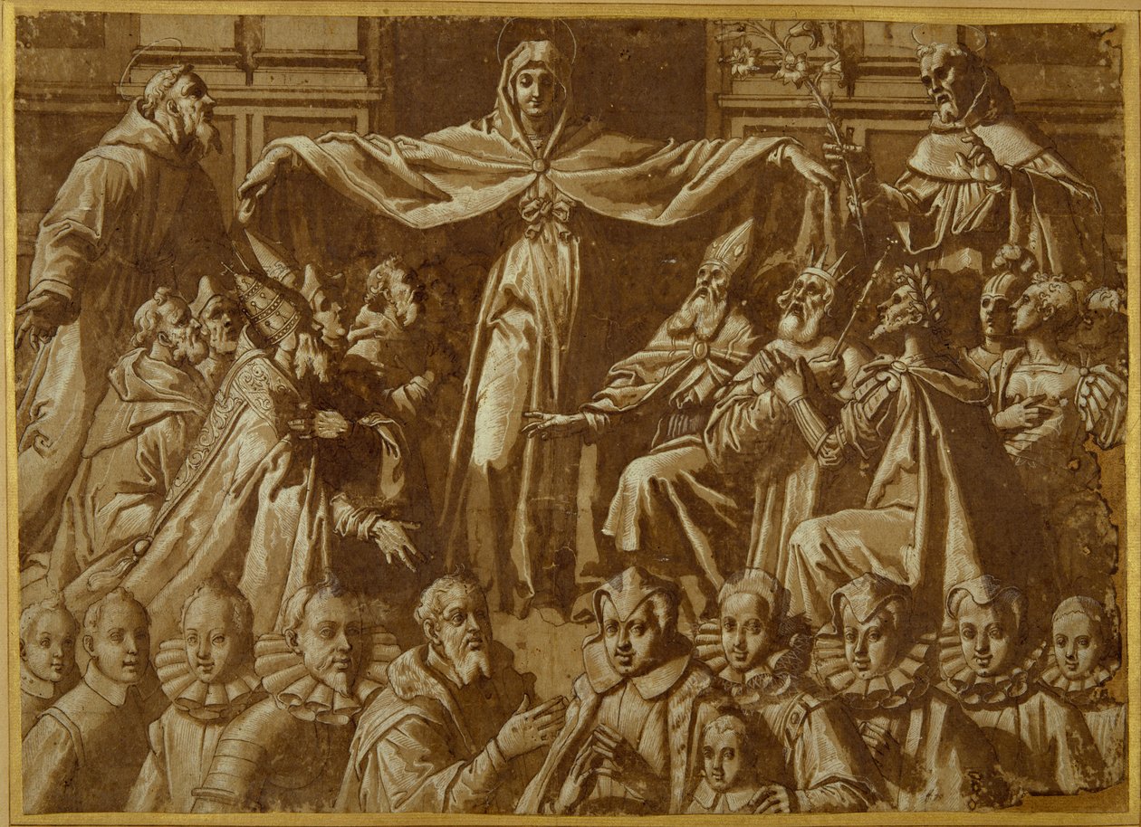 A Madonna della Misericordia com os Santos Francisco e Domingos, com outros santos e governantes e uma família de doadores (caneta e tinta marrom com lavagem e cor do corpo branca sobre papel) de Jacopo Zucchi