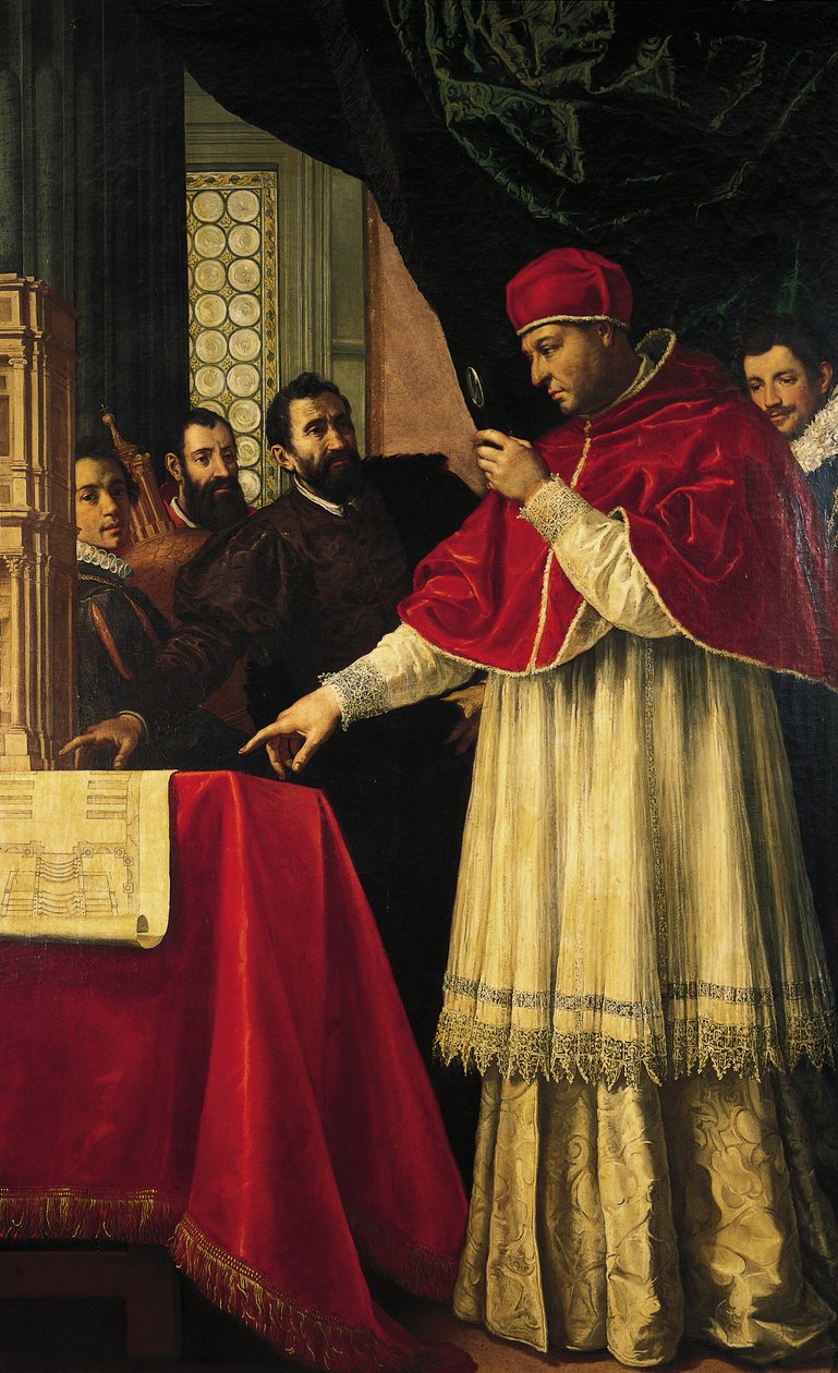 Miguel Ângelo apresenta ao Papa Leão X e ao Cardeal Giulio de Medici as maquetas da fachada de San Lorenzo, da Biblioteca Laurenciana e dos túmulos dos Médicis de Jacopo da Empoli (and workshop)