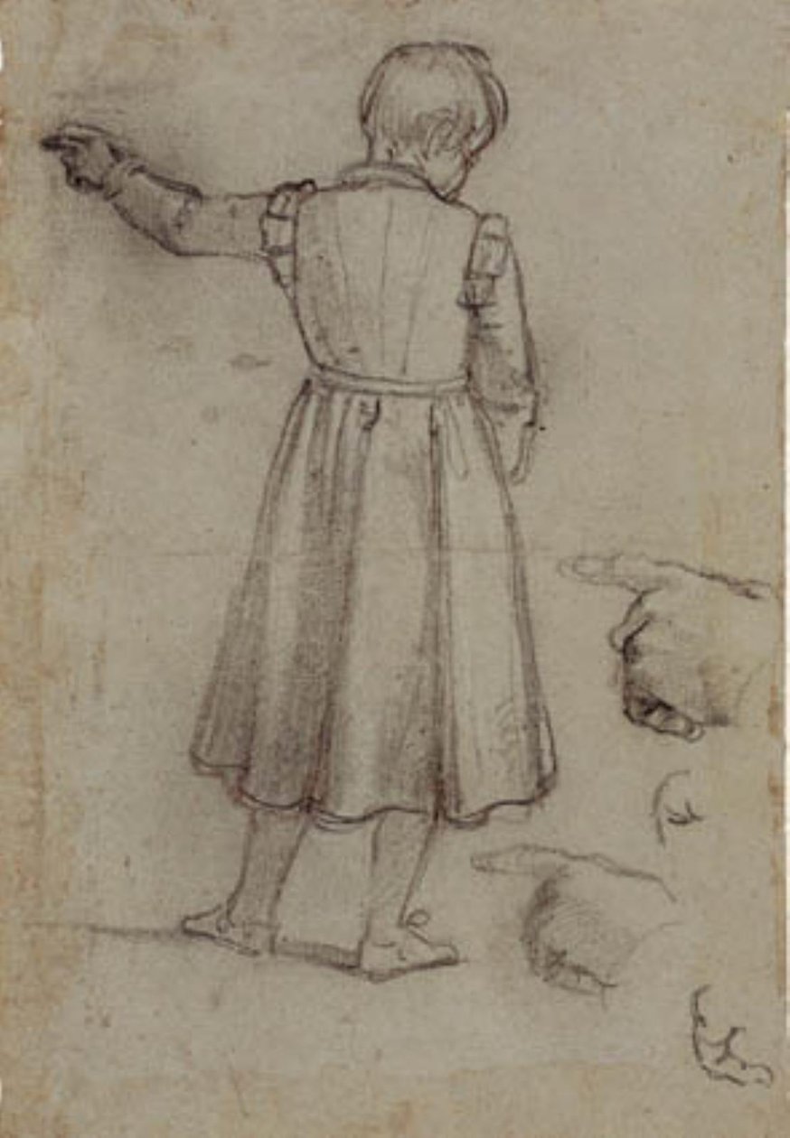 Menino de pé visto de trás apontando para a esquerda e quatro estudos para a mão esquerda de Jacopo da Empoli