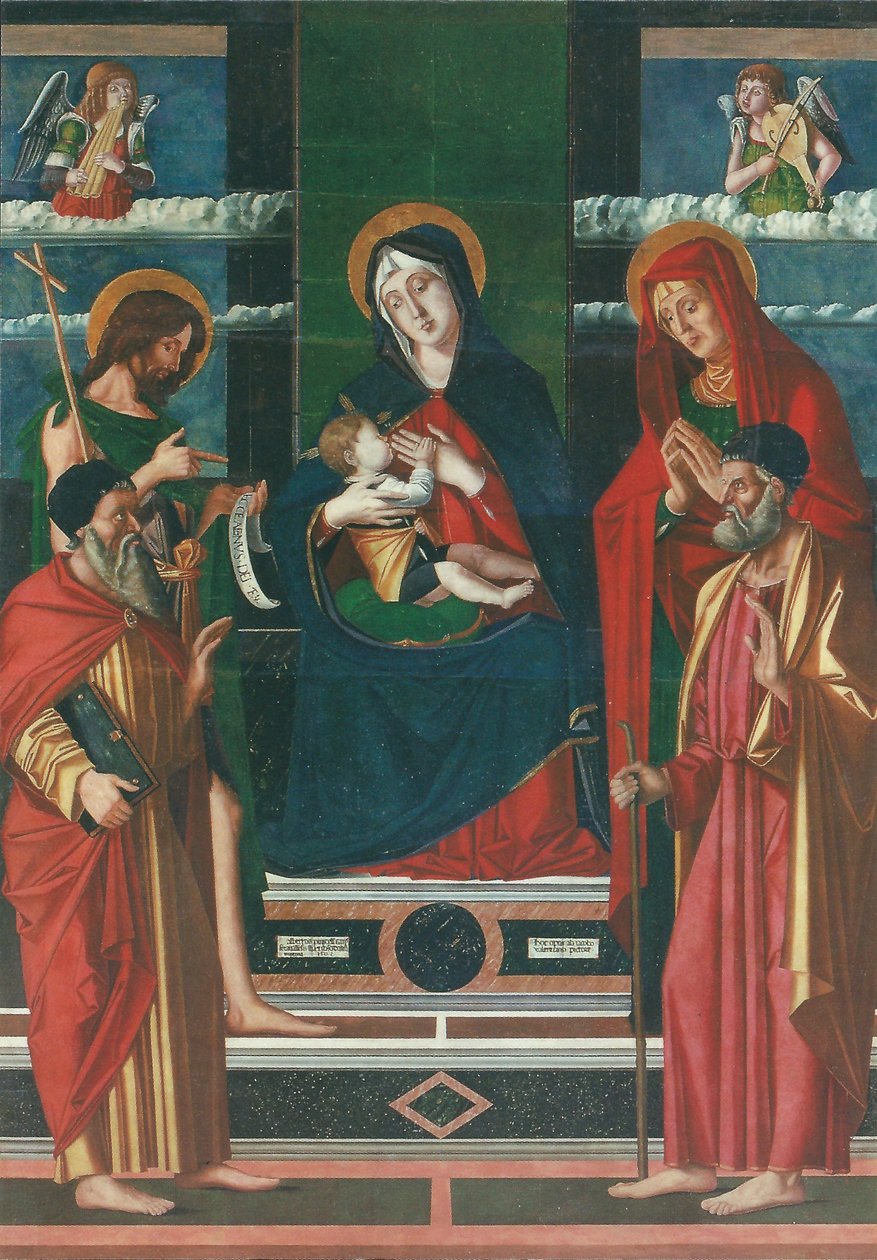 Pala di Jacopo da Valenza Título(s) alternativo(s):   Nossa Senhora com o Menino e os Santos José, João Batista, Joaquim e Ana de Jacopo da Valenza