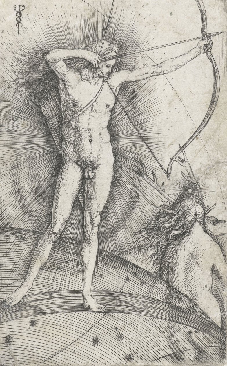 Apolo com arco e flecha no globo celestial e Diana com veados, 1503-5 de Jacopo de Barbari