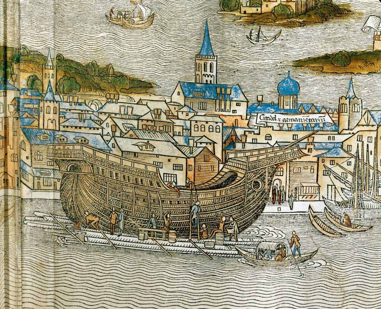 Construção de uma galé num estaleiro de Veneza, de Peregrinatio in Terram Sanctam, impressa pela primeira vez em latim em 1486 ... (xilogravura) de Jacopo de