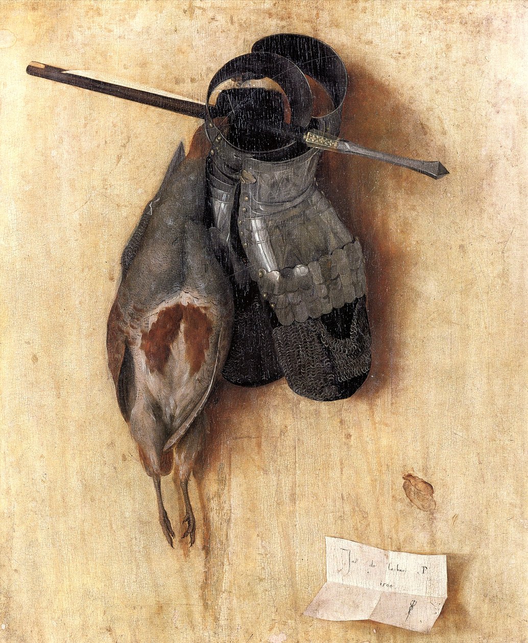 Alemão: Perdiz morta com luvas de ferro e parafusos de besta Natureza morta com perdiz e luvas de ferro de Jacopo de