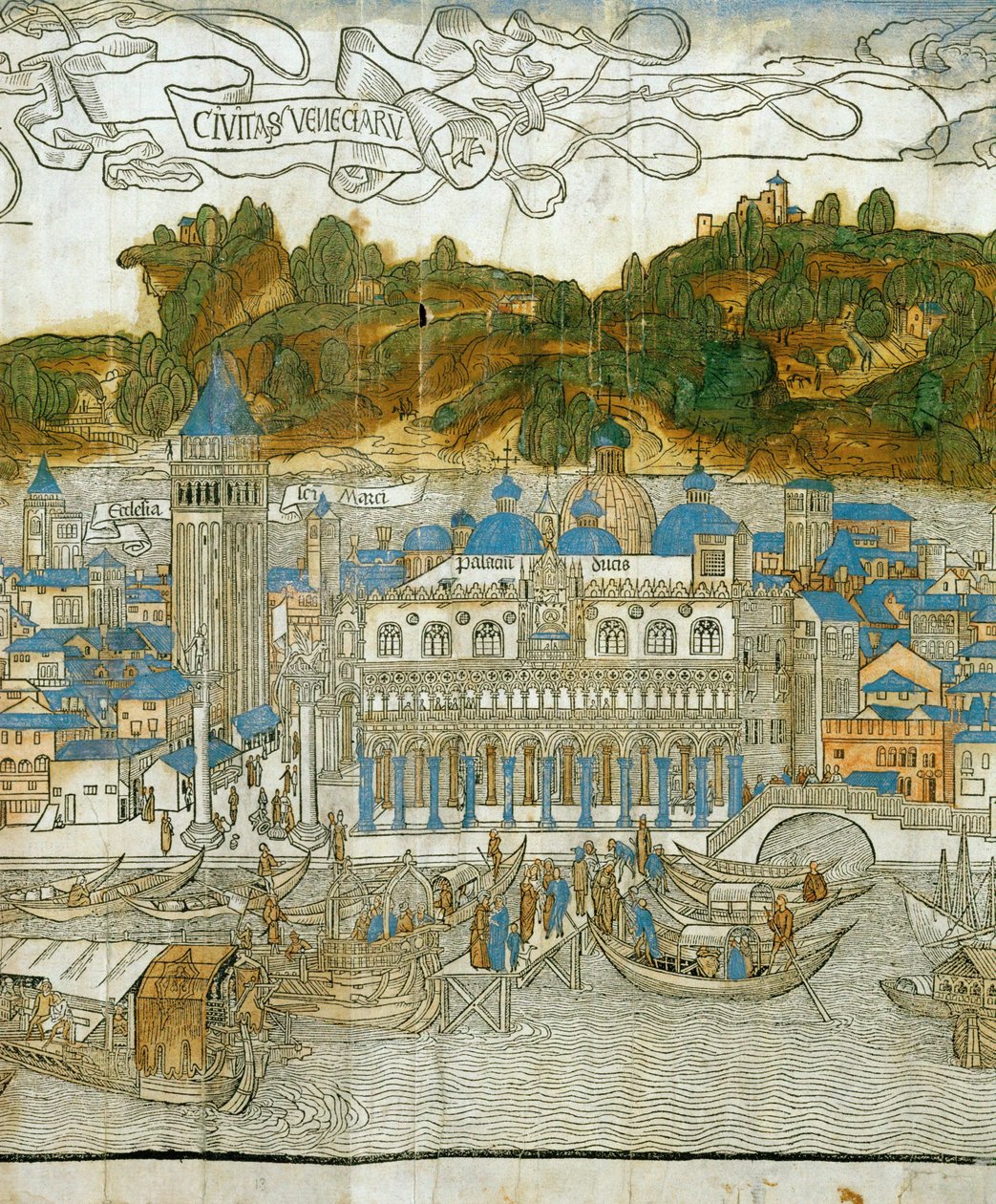 Veneza e o antigo campanário antes da sua destruição pelo terramoto, de Pregrinatio in Terram Sanctam, impresso pela primeira vez em 1486 ... (xilogravura) de Jacopo de
