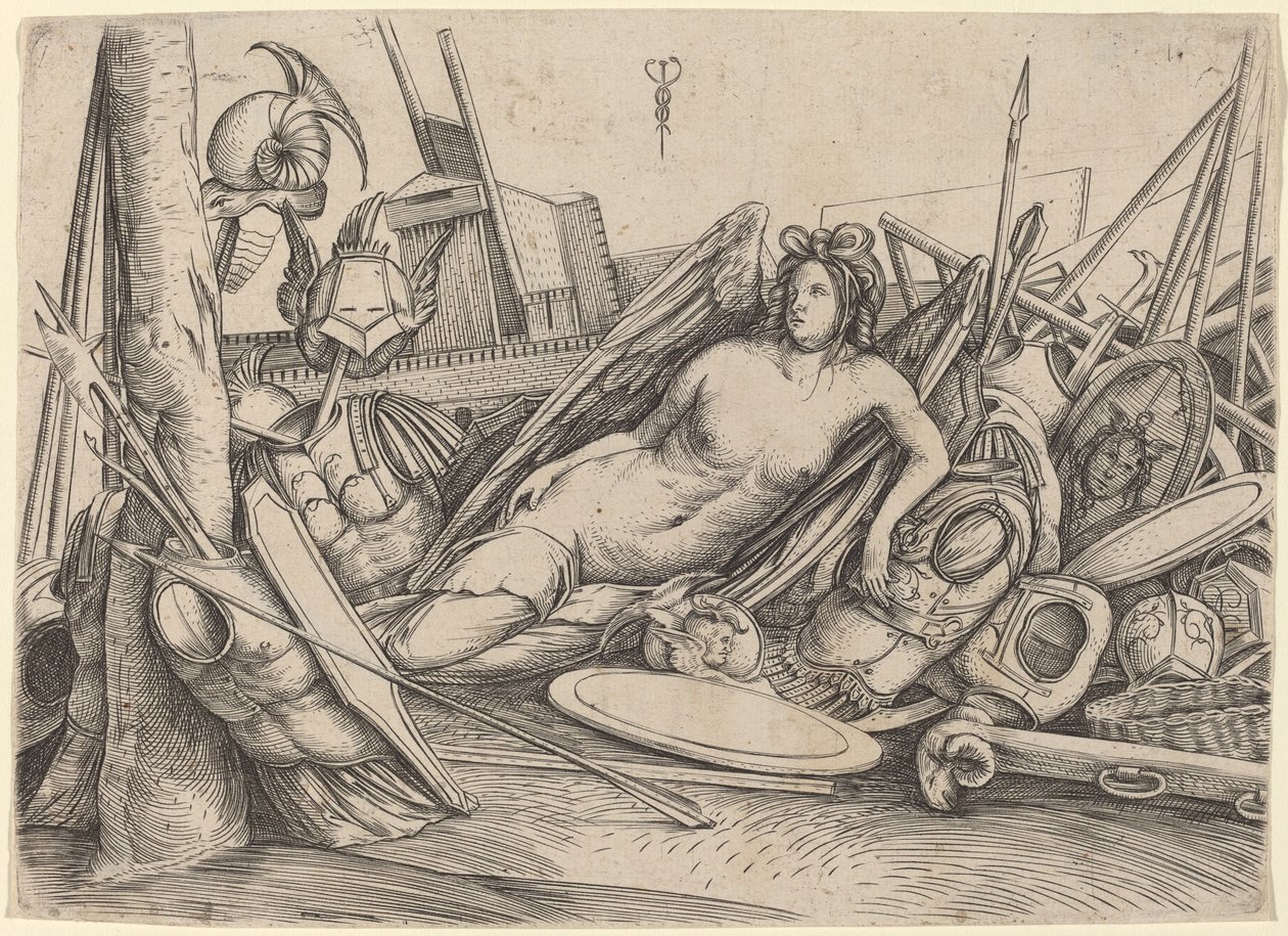 Vitória reclinada em meio a troféus, c. 15001503. de Jacopo de Barbari