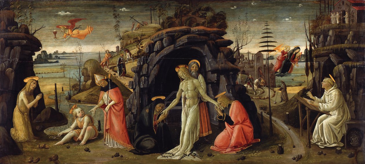 Paisagem com cenas bíblicas e cenas de lendas de santos de Jacopo del Sellaio