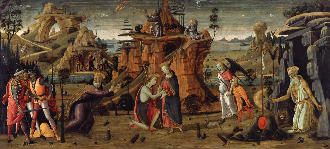 Paisagem com cenas bíblicas e cenas de lendas de santos de Jacopo del Sellaio