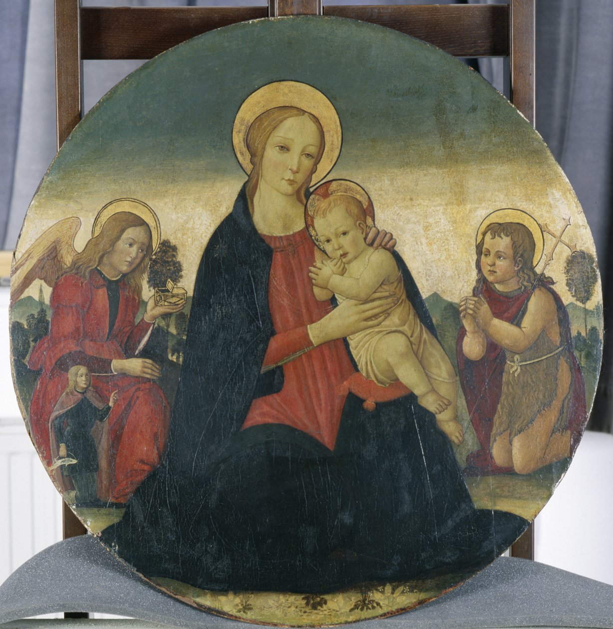 Madonna e Criança com Arcanjo Rafael e São João, c.1490 (têmpera sobre madeira de choupo) de Jacopo del Sellaio