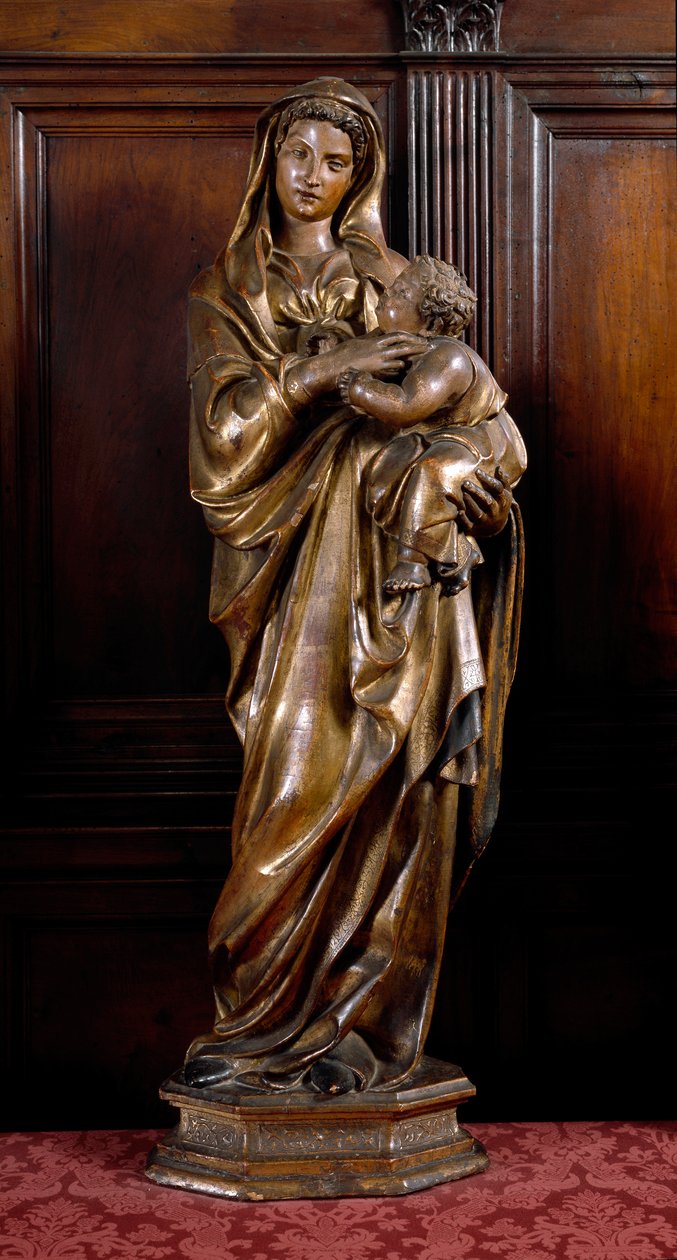 Virgem e Criança. Escultura de madeira de Jacopo della Quercia