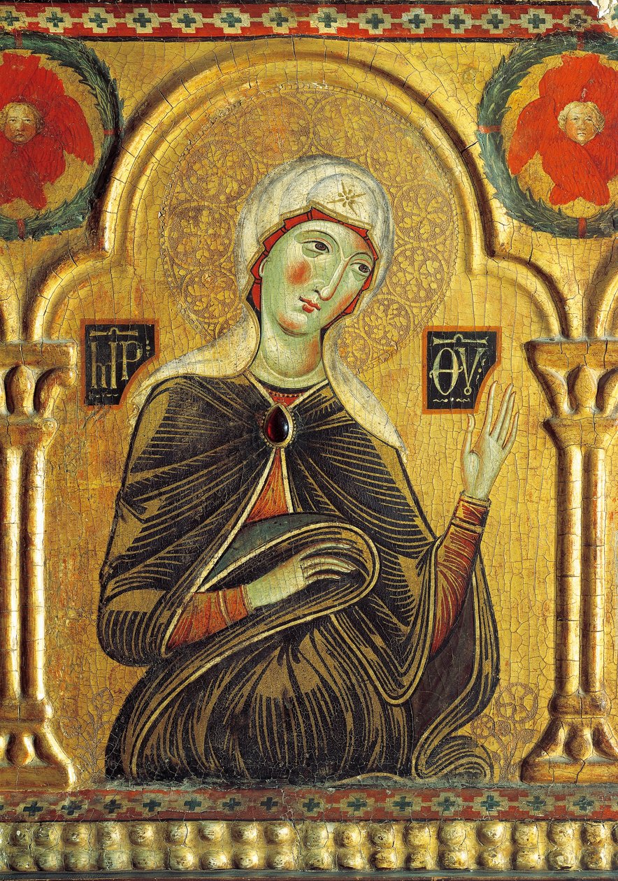 Figura de Maria, do Redentor com a Virgem e três Santos, de Meliore Toscano ou Meliore di Jacopo (cerca de 1255-1285), tempera e ouro sobre painel, 85x210 cm de Jacopo di Meliore