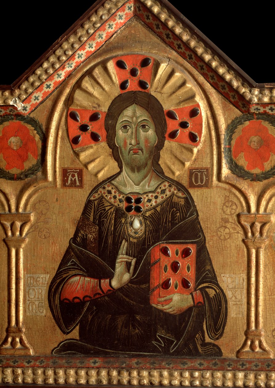 Políptico com redentor e santos: Detalhe de Jesus cuja auréola é marcada com uma cruz - óleo no painel 1271 de Jacopo di Meliore