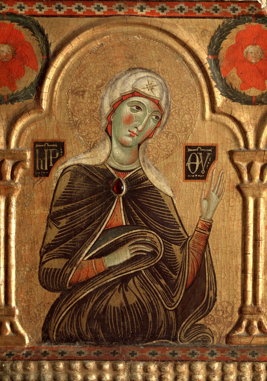 Políptico com redentor e santos: Pormenor da Virgem Maria - óleo no painel de Jacopo di Meliore