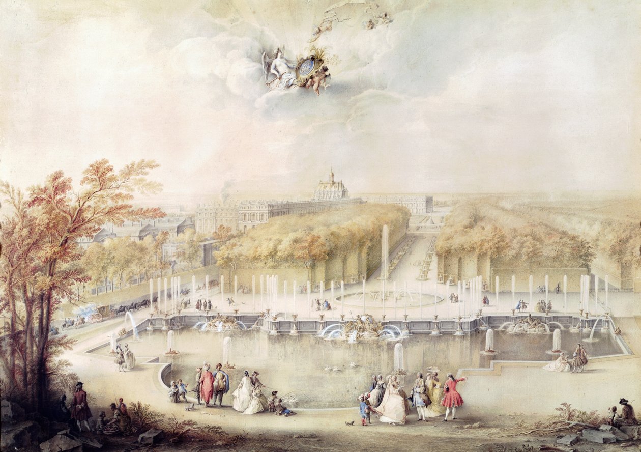 Vista dos jardins e o Chateau de Versalhes da fonte de Neptuno (guache) de Jacqes Andre Portail