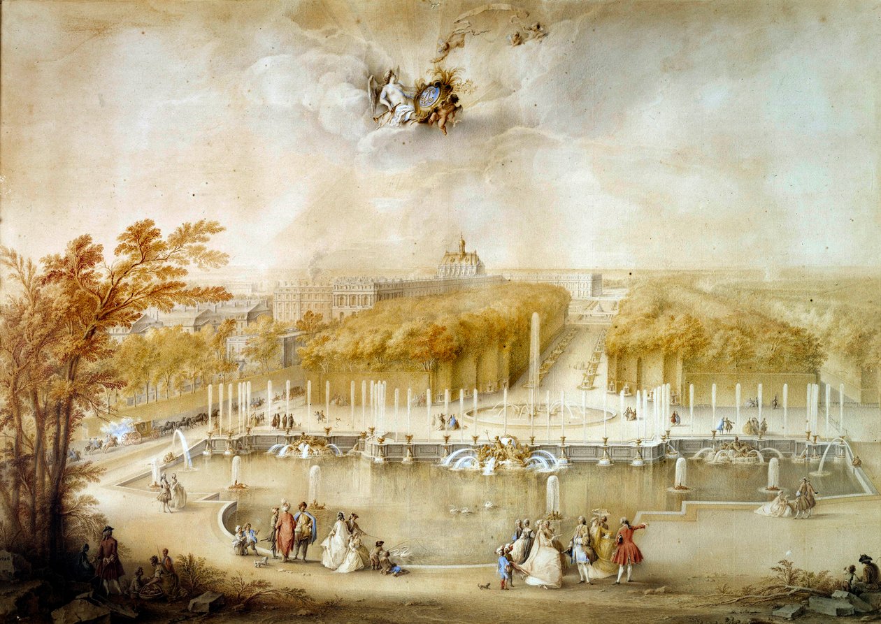 Perspectiva dos jardins e parterres du Nord e do castelo de Versalhes tirada da Bacia de Neptuno Pintura a la gouache por Jacques Andre Porte (1695-1759) Sol. 0,51x0,72 m Versailles, miusee do castelo de Jacqes Andre Portail