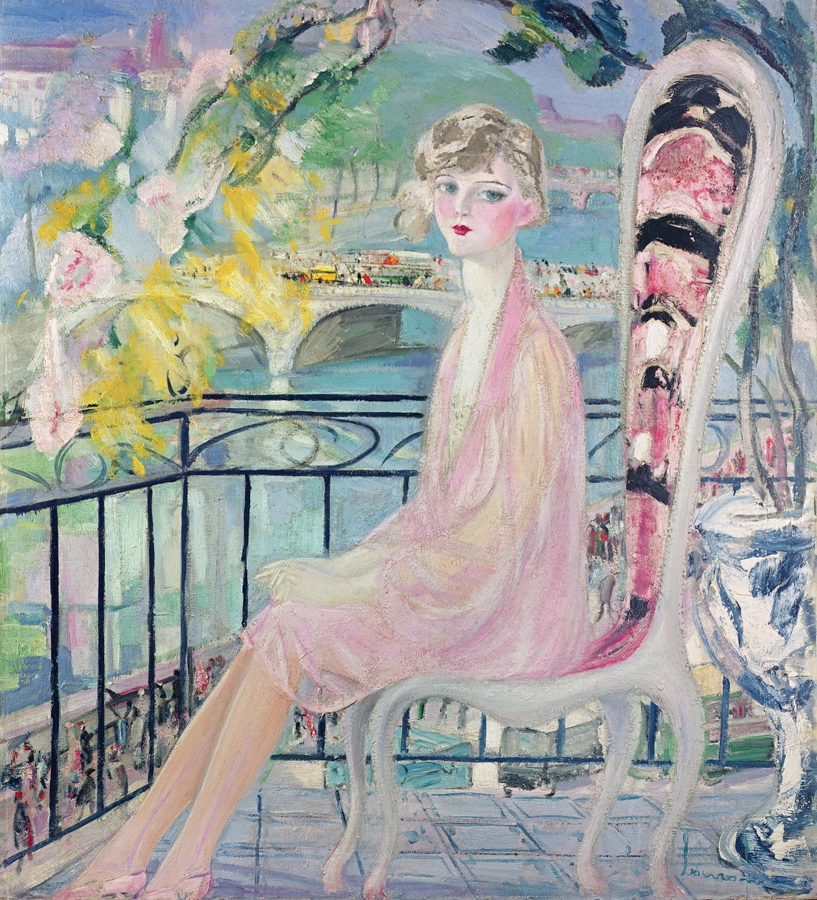 Retrato de Dolly Davis na varanda em frente da antiga ponte de Alma de Jacqueline Marval