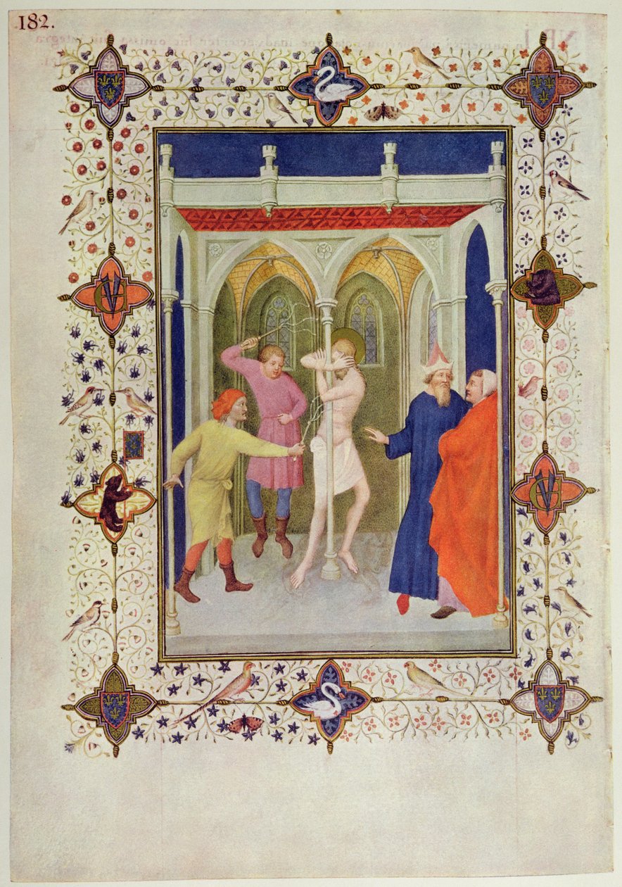 MS 11060-11061 Horas da Cruz: Tierce, A Flagelação de Cristo, das &39;Três riquezas Heures du Duc de Berry&39; de Jacquemart de Hesdin