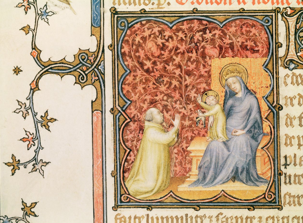 Sra. Lat 18014 Jean de France (1340-1416) Duque de Berry Rezando Antes da Virgem e do Menino, de Les Petites Heures de Duc de Berry, c.1385-90 de Jacquemart de Hesdin