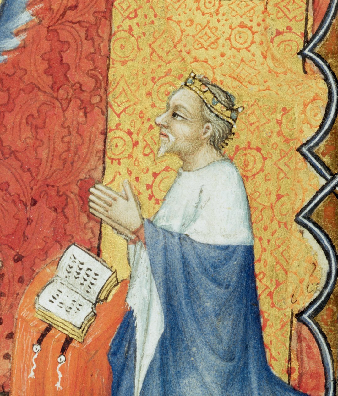Sr. Lat 18014 Jean de France 1340-1416 Duque de Berry Rezando Antes do Pai Eterno, de Les Petites Heures de Duc de Berry, c.1385-90 detalhe de velino de 159990 de Jacquemart de Hesdin