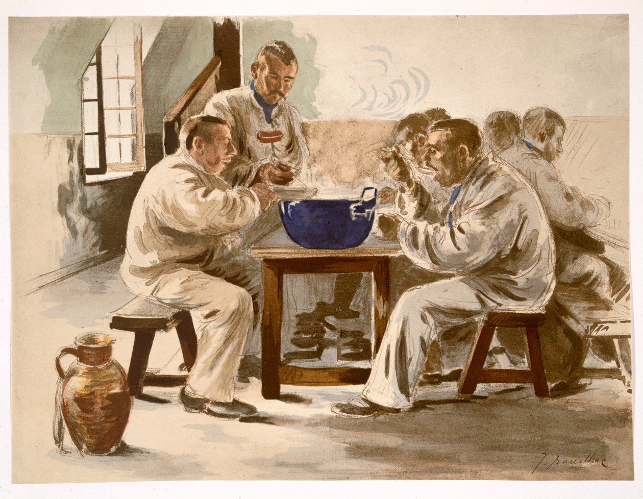 Eating Soup at the Barracks, da LEstampe Moderne, publicou Paris em 1897-99 de Jacques Baseilhac