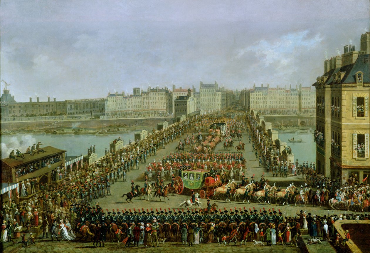 A Procissão Imperial que Retorna a Notre Dame para a Cerimônia Sagrada de 2 de dezembro de 1804, cruzando a Pont-Neuf de Jacques Bertaux