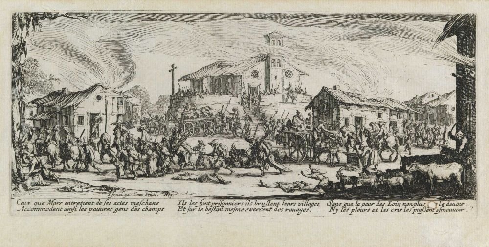 Saques e queima de uma aldeia. Miseries e mis-hours of war, pl. 7 de Jacques Callot