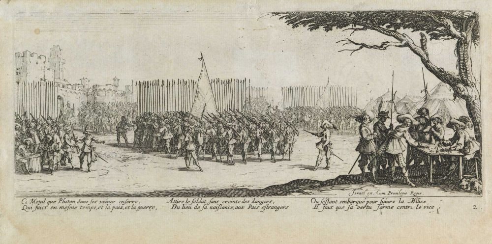 Recrutamento da tropa As misérias e as horas ruins da guerra, pl. 2 de Jacques Callot