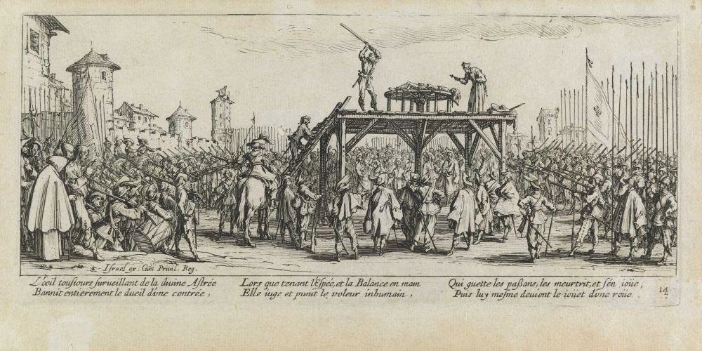 A tortura da roda Miseries e mis-horas de guerra, pl. 14 de Jacques Callot