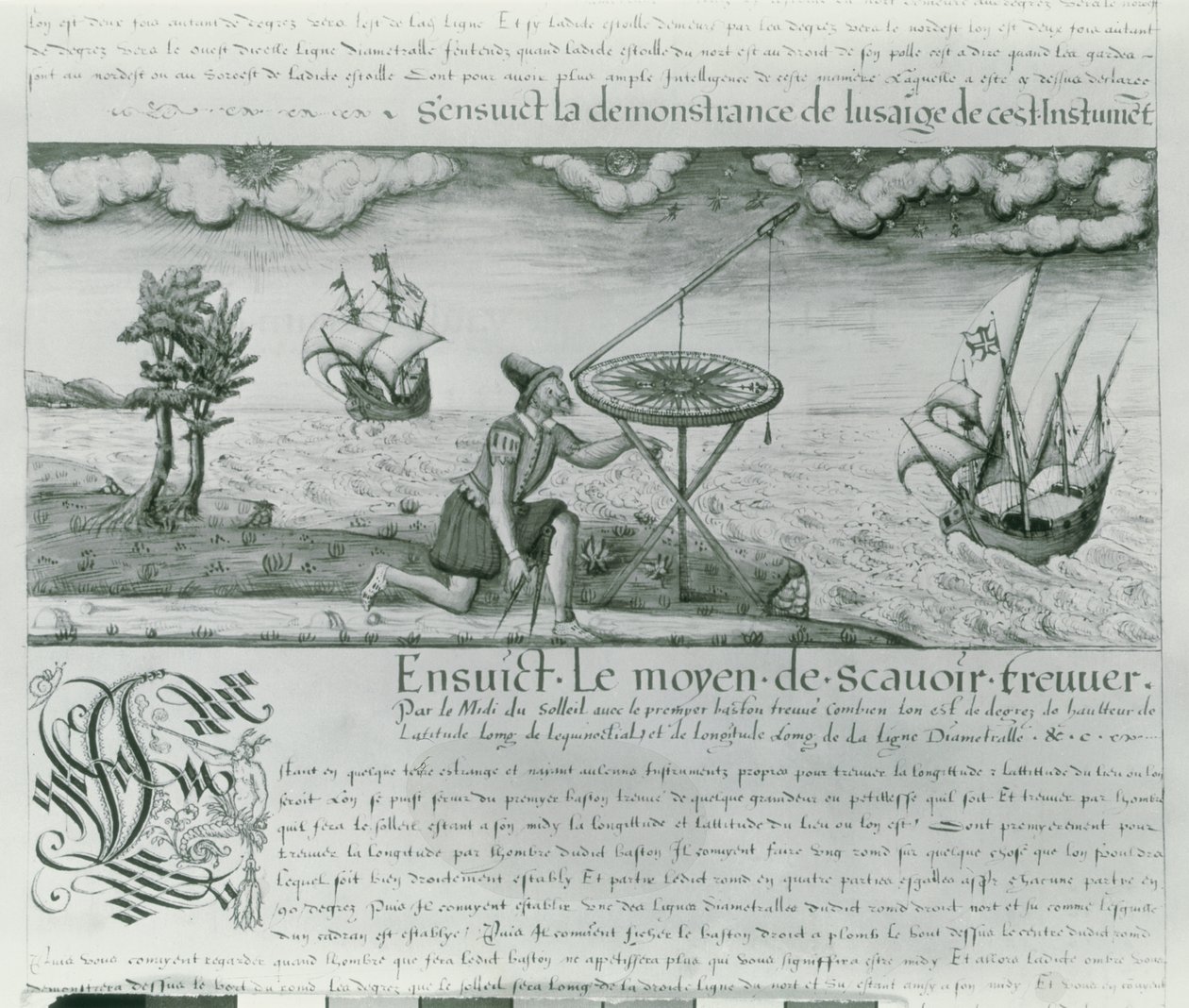 Sra. Fr. 150 fol.21r O Uso do Sextante, de &39;As Primeiras Obras de Jacques De Vaulx Piloto na Marinha&39;, 1583 (caneta e tinta e papel lavado) de Jacques Devaulx