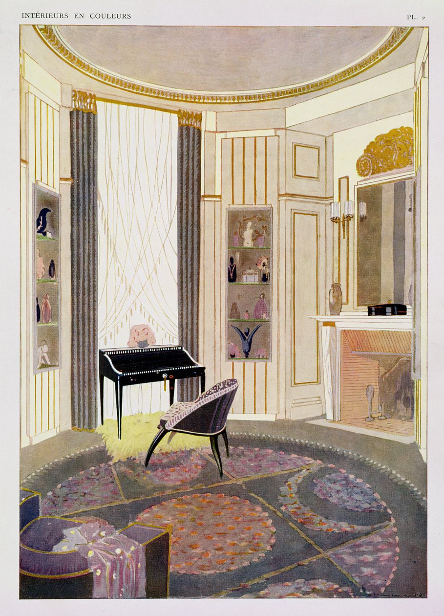 Interior com móveis desenhados por Ruhlmann, de uma coleção de gravuras publicadas em 4 volumes por Albert Levy, c.1924-26 (pochoir print) de Jacques Emile Ruhlmann