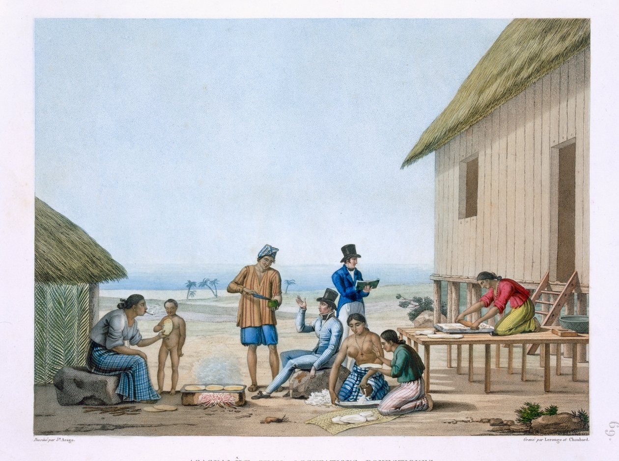 Ocupações domésticas, Agagna, Guam, Filipinas, de &39;Voyage Autour du Monde (1817-20)&39; de Louis Claude Desaulses de Freycinet (1779-1842) gravado por Pomel, publicado em 1822-24 de Jacques Etienne Victor Arago