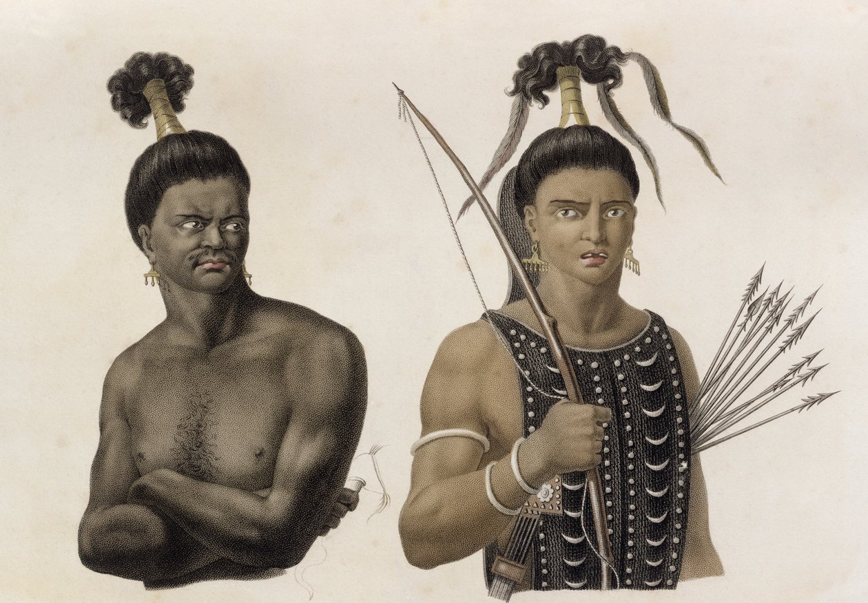 Nativos da Ilha do Ombai, de &39;Viagem ao Redor do Mundo em Corvettes of Urania 1817-20&39; gravado por Forget, publicado em 1825 de Jacques Etienne Victor Arago