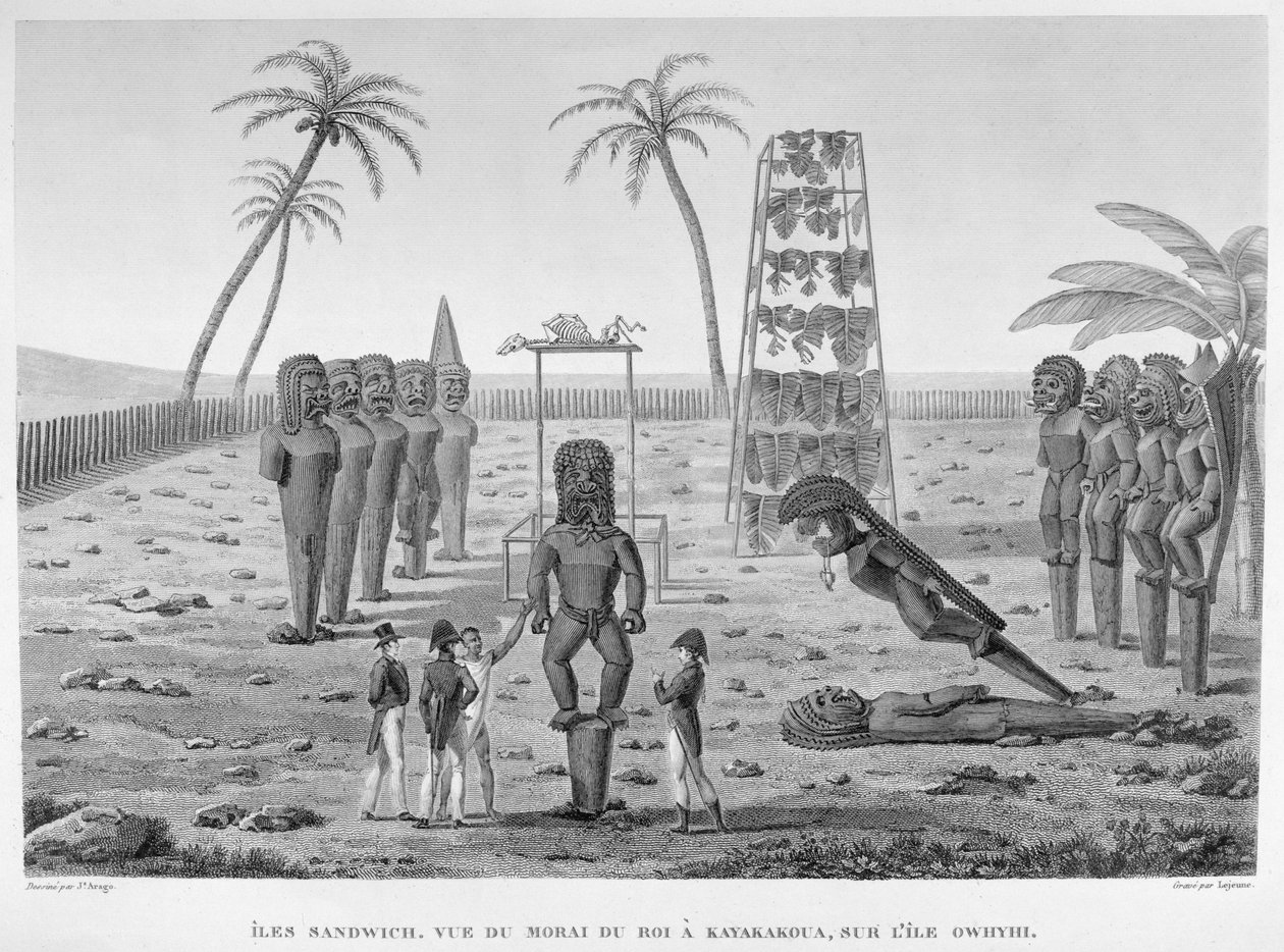 Ilhas Sandwich: Vista do Morai do rei, Kayakakoua na ilha de Owhyhi, de &39;viagem ao redor do mundo sobre as corvetas de Urania 1817-29&39; gravado por Lejeune, publicado em 1825 (gravado de Jacques Etienne Victor Arago