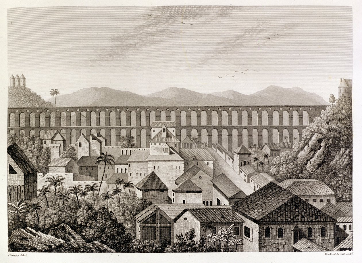 Vista de parte da cidade e do grande aqueduto do Rio de Janeiro, de &39;Voyage Autour du Monde les Corvettes de L&39;Uranie 1817-20&39;, gravada por Reville e Bovinet, publicada em 1825 de Jacques Etienne Victor Arago