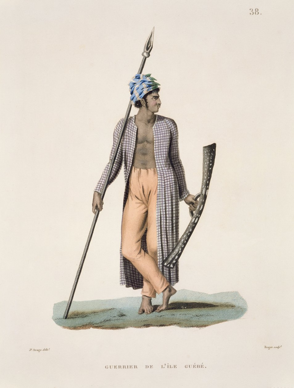 Guerreiro da Ilha de Guebe, de &39;Voyage Autour du Monde (1817-20)&39;, de Louis Claude Desaulses de Freycinet (1779-1842) gravado por Roger, publicado em 1822-24 de Jacques Etienne Victor Arago