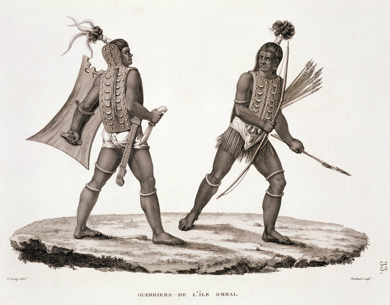 Guerreiros da Ilha de Ombai, de &39;Voyage Autour du Monde (1817-20)&39;, de Louis Claude Desaulses de Freycinet (1779-1842) gravada por Choubard, publicada em 1822-24 de Jacques Etienne Victor Arago