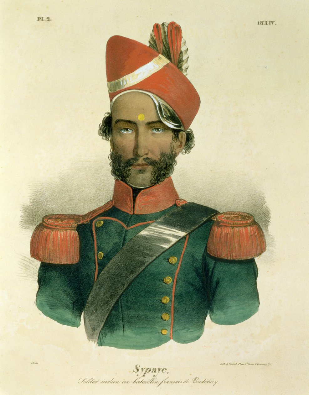 Um Sepoy: um soldado indiano no batalhão francês em Pondicherry, gravado por Racinet de Jacques Francois Gauderique Llanta