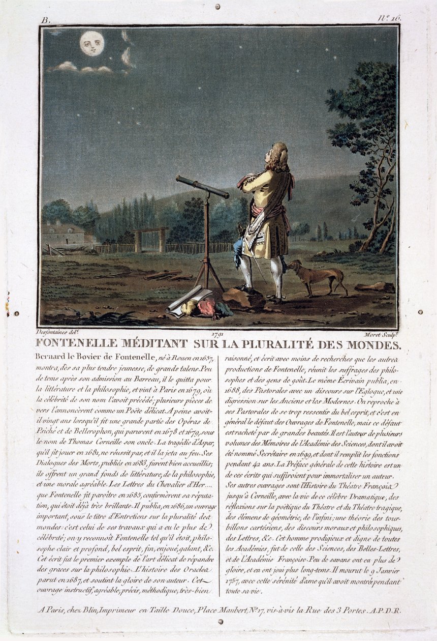 Bernard le Bovier de Fontenelle (1657-1757) contemplando a pluralidade de mundos, gravada por Jean Baptiste Morret (fl.1790-1820), 1791 (ver também 251584) de Jacques Francois Joseph Swebach
