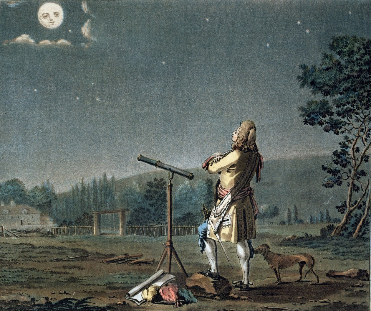 Bernard le Bovier de Fontenelle (1657-1757) contemplando a pluralidade de mundos, gravada por Jean Baptiste Morret (fl.1790-1820) 1791 (ver também 169293) de Jacques Francois Joseph Swebach