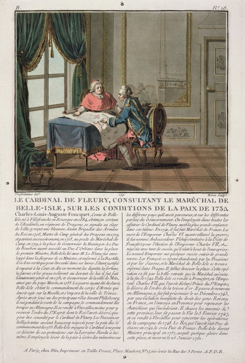 Cardeal de Fleury (1653-1743) consulta Marechal de Belle-Isle (1684-1761) sobre as condições da paz, 1735, gravada por Jean Baptiste Morret (fl.1790-1820), 1791 de Jacques Francois Joseph Swebach