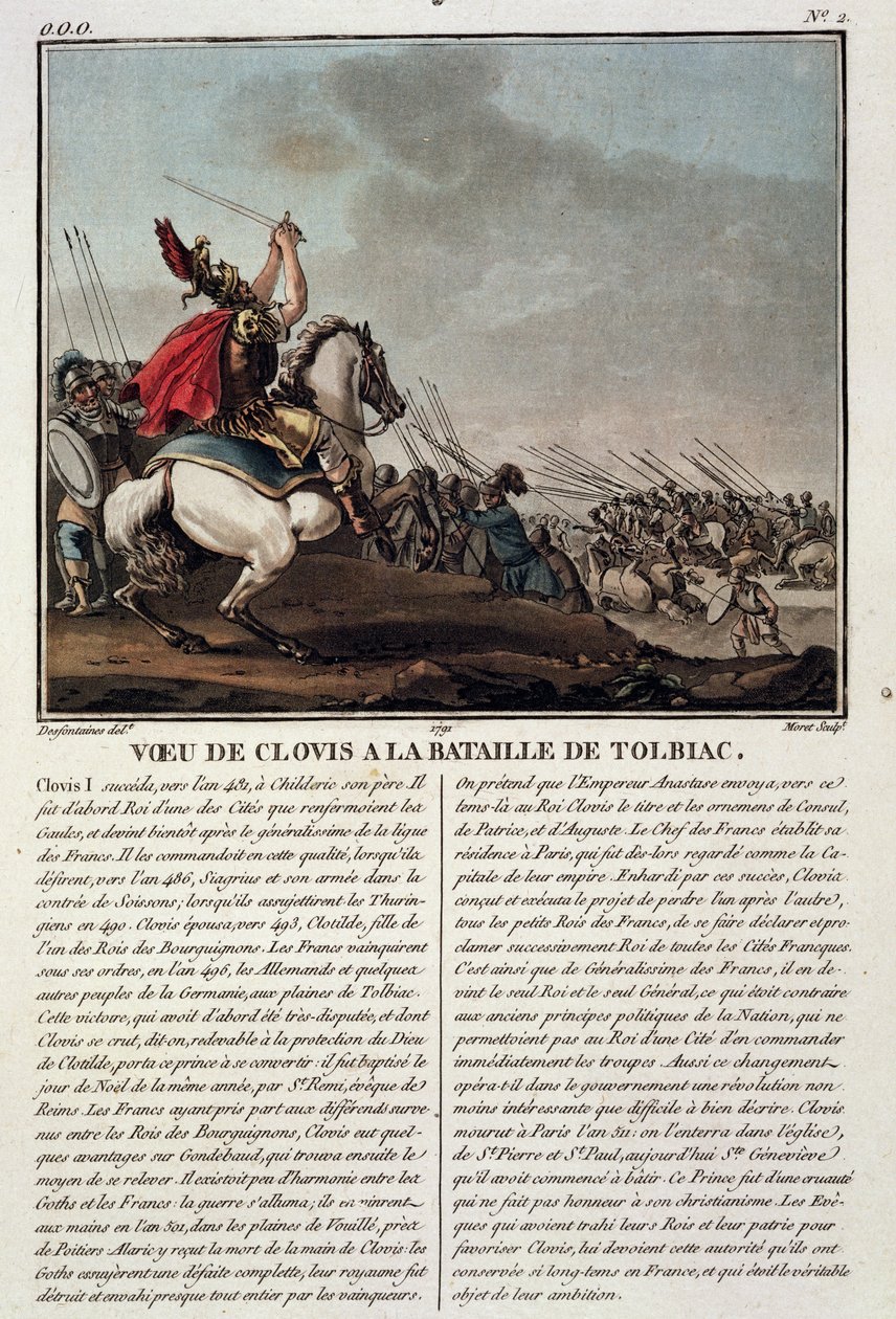 Clovis I (c.466-511) na Batalha de Tolbiac, 496 dC, gravado por Jean Baptiste Morret (fl.1790-1820), 1791 de Jacques Francois Joseph Swebach