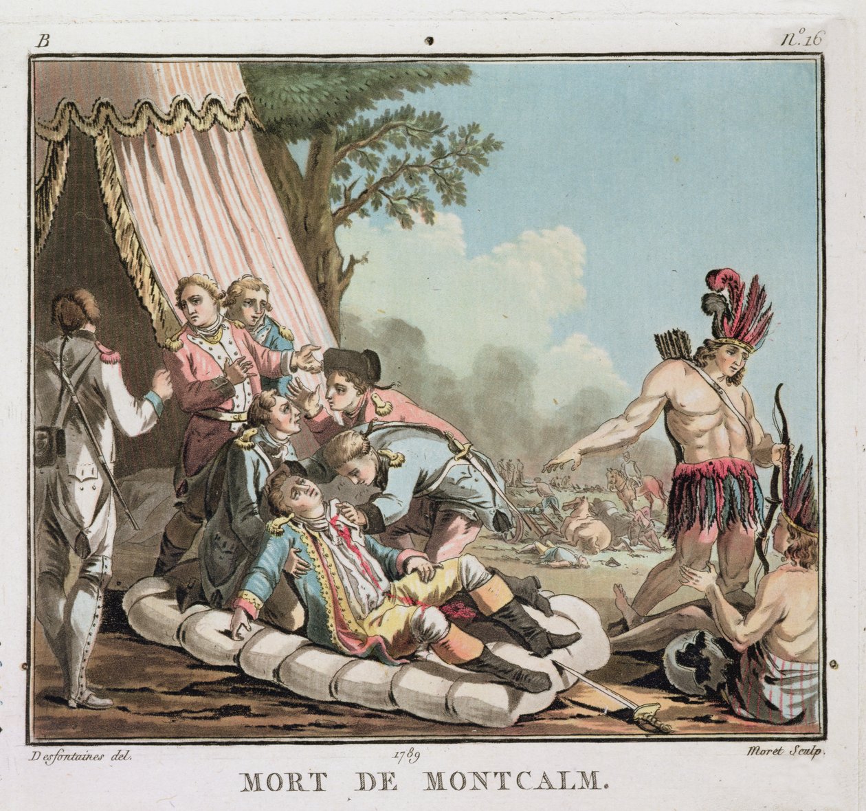 Morte de Louis Joseph de Montcalm no cerco de Quebec, 1759, gravado por Jean Baptiste Morret (fl.1790-1820), 1789 (lito colorido) (ver também 139883) de Jacques Francois Joseph Swebach