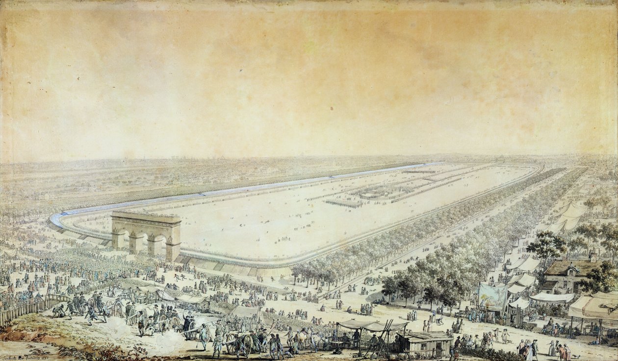 Vista geral do Champ-de-Mars durante a Fete de la Federation, 14 de julho de 1790 (caneta e tinta no papel) de Jacques Francois Joseph Swebach