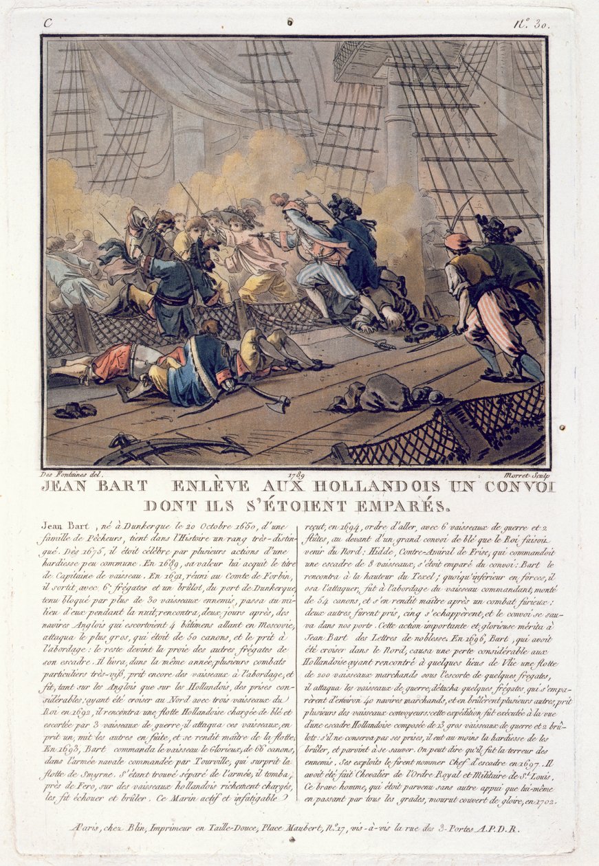 Jean Bart (1651-1702), comandante naval francês tomando o comboio holandês, 1696, gravado por Jean Baptiste Morret (fl.1790-1820), 1789 de Jacques Francois Joseph Swebach