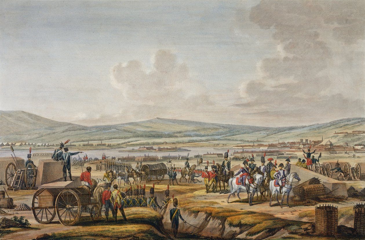 Napoleão Visitando as Obras de Cerco em Danzig lideradas pelo Marechal Le Febvre, 9 de maio de 1807, gravado por Francois Jacques Dequevauviller (1783-1848) (aquatint) de Jacques Francois Joseph Swebach