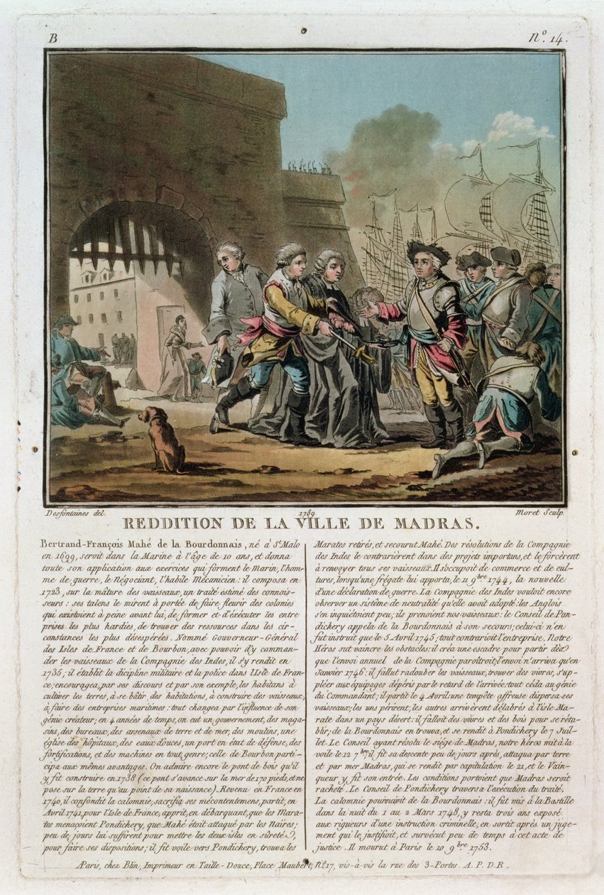 Rendição da cidade de Madras, 1746, gravada por Jean Baptiste Morret (f.1790-1820), 1789 de Jacques Francois Joseph Swebach