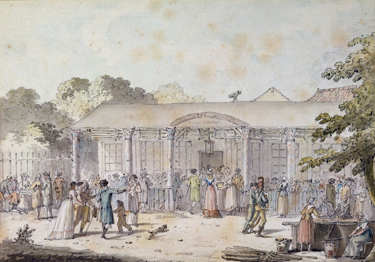 O Café Goddet, Boulevard du Temple, na época do Consulado, 1799-1804 (caneta e tinta no papel) de Jacques Francois Joseph Swebach